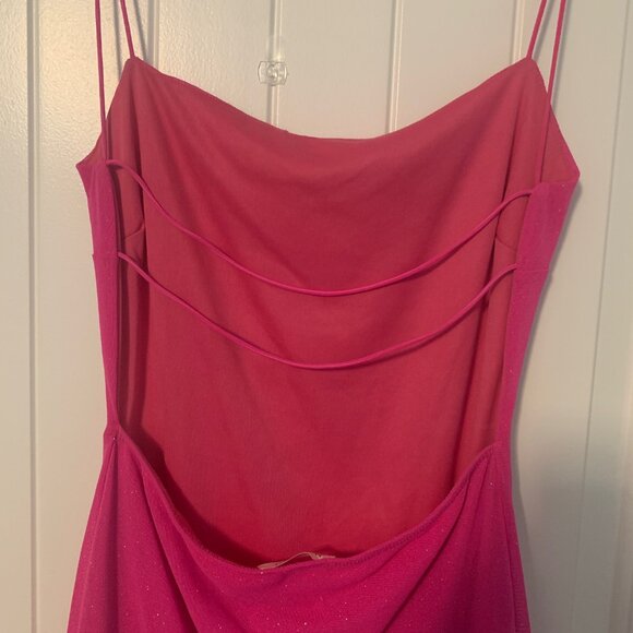 Misty Rose pink sparkle mini fitted party dress, medium, open back, thin straps - Picture 4 of 7